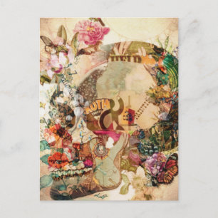 Postal Festiva Arte Antiguo Flores de Cráneo de Azúcar
