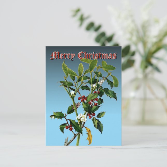 Postal Festiva Arte botánico Mistletoe & Holly Greenery (Anverso de pie)