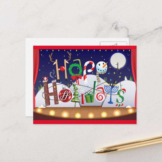 Postal Festiva Arte con letras mágicas de fiestas  ("Holiday magic in every letter a cheerful, cozy way to celebrate the season")