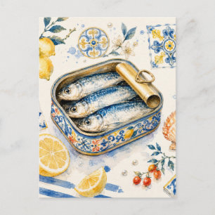 Postal Festiva Arte de Acuarela de Sardina Siciliana