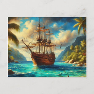 Postal Festiva Arte de barcos de playa caribeños/tropicales