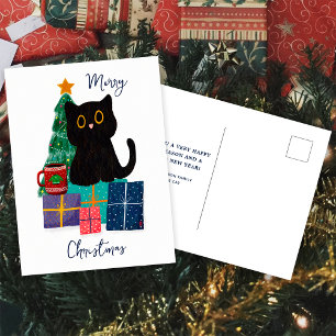 Postal Festiva Arte de café de gato negro lindo navideño festivo