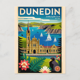 Postal Festiva Arte de cartel de viaje retro de Dunedin Nueva Zel