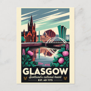 Postal Festiva Arte de cartel de viaje retro de Glasgow Escocia