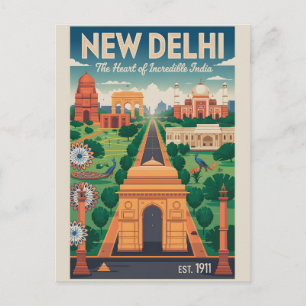 Postal Festiva Arte de cartel de viaje retro de Nueva Delhi India