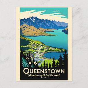Postal Festiva Arte de cartel de viaje retro de Queenstown Nueva 
