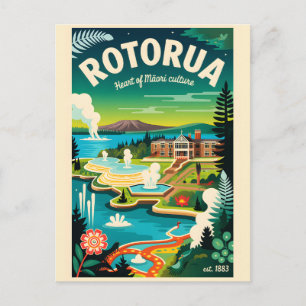Postal Festiva Arte de cartel de viaje retro de Rotorua Nueva Zel