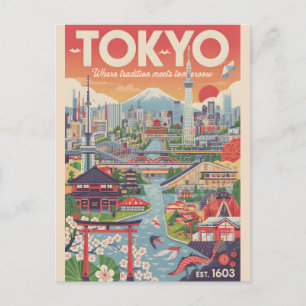 Postal Festiva Arte de cartel de viaje retro de Tokio Japón