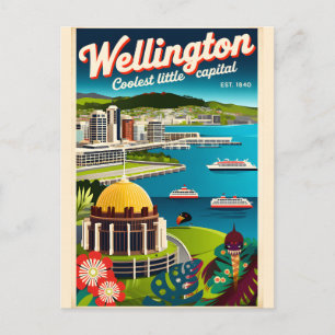 Postal Festiva Arte de cartel de viaje retro de Wellington Nueva