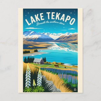 Postal Festiva Arte de cartel de viaje retro del lago Tekapo Nuev