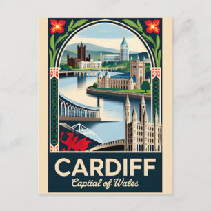 Postal Festiva Arte de cartel retro de viaje a Cardiff, Gales
