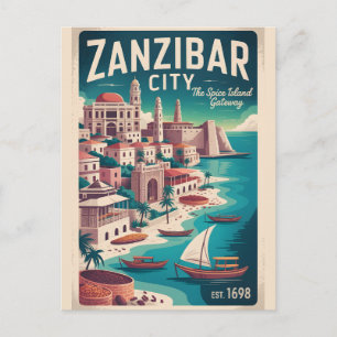 Postal Festiva Arte de cartel retro de viaje a la ciudad de Zanzí