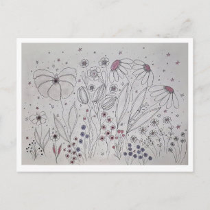 Postal Festiva Arte de línea de pradera de flores silvestres eleg