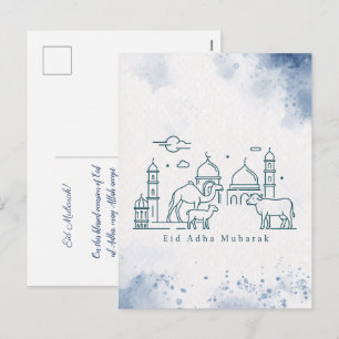 Postal Festiva Arte de línea minimalista de mezquita y animales p
