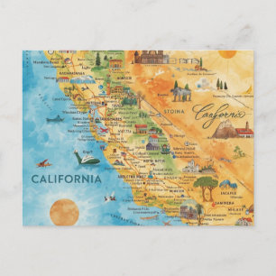 Postal Festiva Arte de Mapa de Acuarela Ilustrado de California