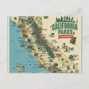 Postal Festiva Arte de mapa vintage ilustrado de parques de Calif