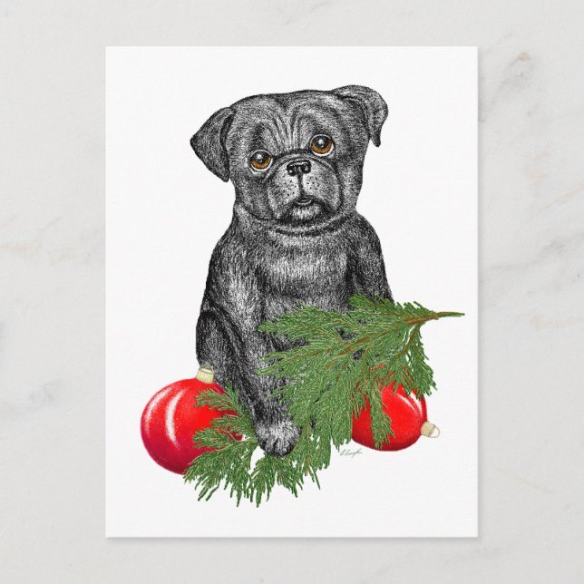 Postal Festiva Arte de Navidades adorables con cachorros negros (Anverso)