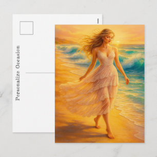 Postal Festiva Arte de paseo por la playa con acuarela vibrante d