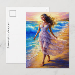 Postal Festiva Arte de paseo por la playa vibrante acuarela océan