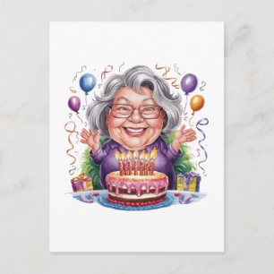 Postal Festiva Arte de pastel de cumpleaños de anciana emocionada