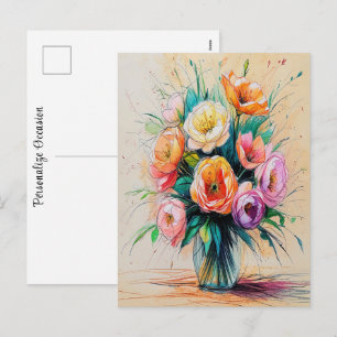 Postal Festiva Arte de ramo de flores bonitas con lápices de colo