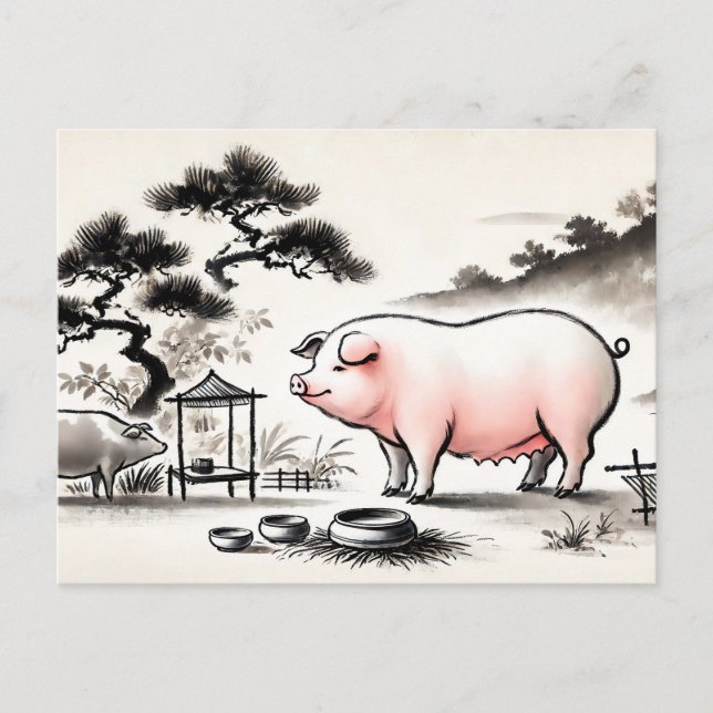Postal Festiva Arte de tinta de contenido Cerdo en pluma con jard (Anverso)