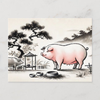 Postal Festiva Arte de tinta del Cerdo Contento en Corral con Jar