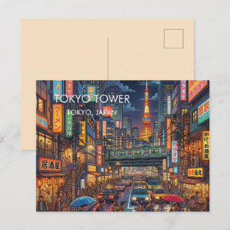 Postal Festiva Arte de viaje de la Torre de Tokio por la noche