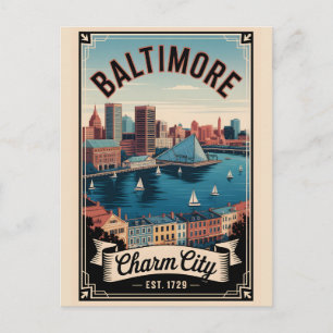 Postal Festiva Arte de viaje retro de Baltimore Maryland vintage