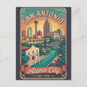 Postal Festiva Arte de viaje retro de San Antonio Texas Vintage 
