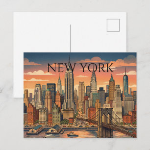 Postal Festiva Arte de viaje vintage del horizonte de Nueva York