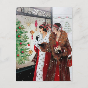 Postal Festiva Arte deco retro vintage navideño femenino lindo