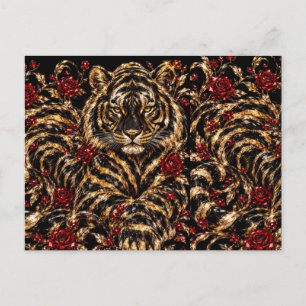 Postal Festiva Arte Floral Tigre Dorado y Rosas Rojas