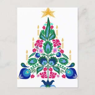 Postal Festiva Arte folclórico escandinavo Árboles navideños y ca