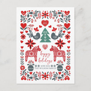 Postal Festiva Arte folclórico nórdico escandinavo Navidades de f