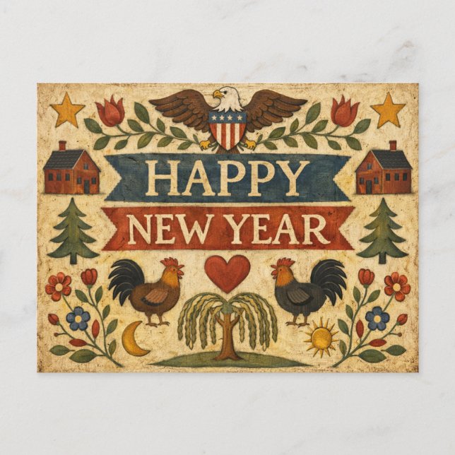 Postal Festiva Arte Folclórico Primitivo Americano de Año Nuevo (Anverso)