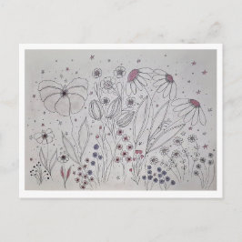 Postal Festiva Arte lineal de pradera de flores silvestres elegan