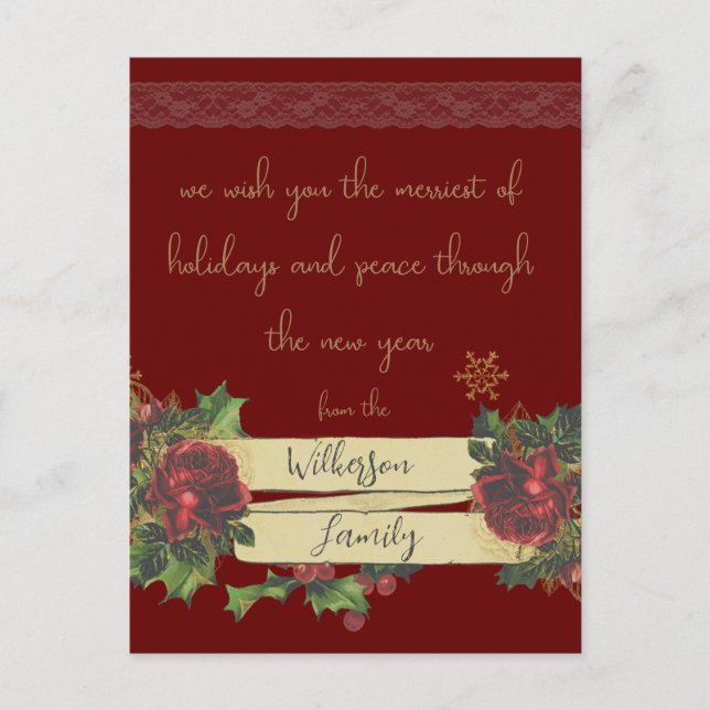 Postal Festiva Arte navideño vintage sobre Borgoña (Anverso)