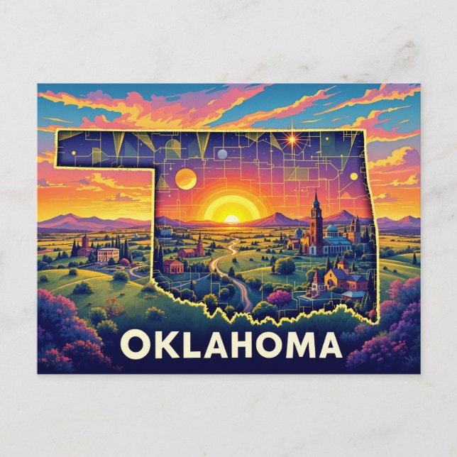 Postal Festiva Arte paisajístico vibrante de Oklahoma | Estado co (Anverso)