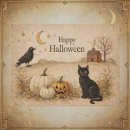 Postal Festiva Arte Popular de Halloween Gato Negro Primitivo