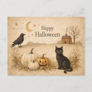 Postal Festiva Arte Popular de Halloween Gato Negro Primitivo