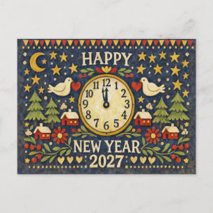 Postal Festiva Arte Popular Rústico Feliz Año Nuevo 2027
