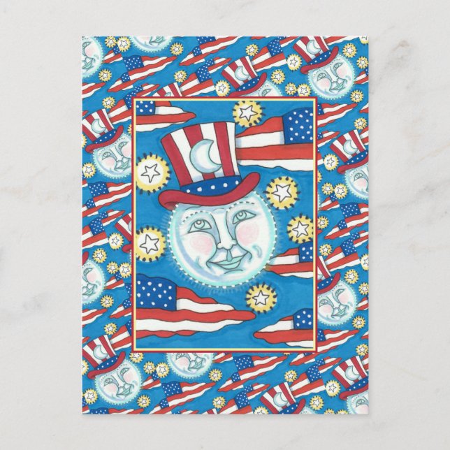 POSTAL FESTIVA ARTE PUEBLO ESTADOUNIDENSE PATRIOTA EN LA LUNA (Anverso)