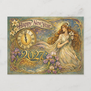 Postal Festiva Arte vintage flor Noucentista Feliz Año Nuevo 2027