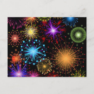 Postal Festiva Artificios de pirotecnia coloridos Año Nuevo