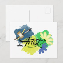 Artista. Dibujo. Azul y amarillo. Pincel y 