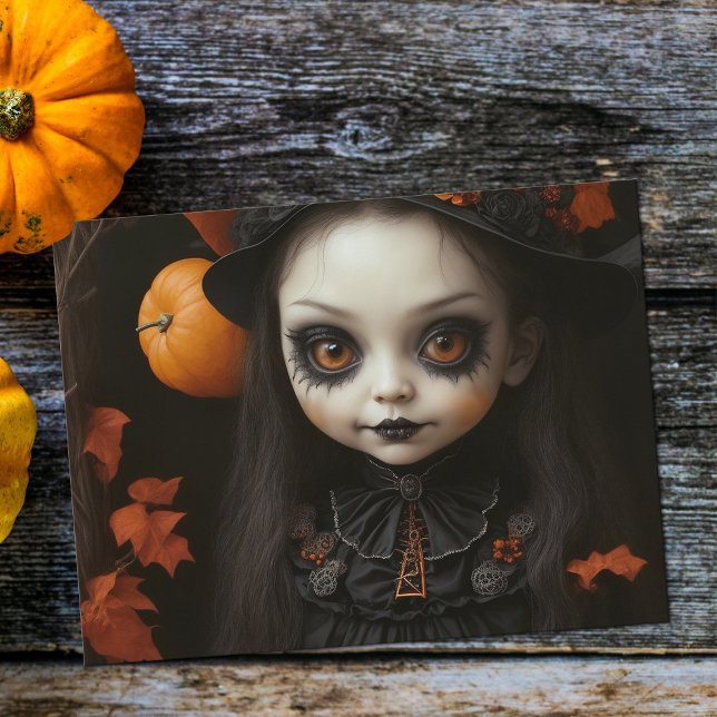 Postal Festiva Asombroso Naranja de muñecas de bruja Ojos Haundin (Creepy witch girl doll Halloween postcard)