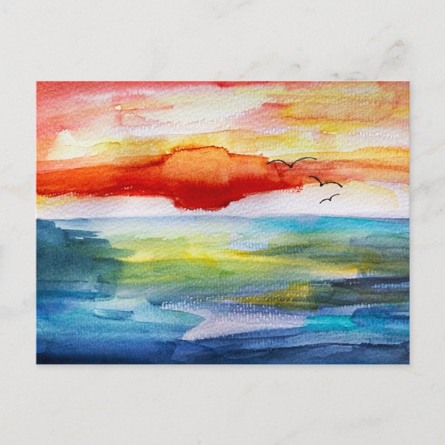 Postal Festiva Atardecer sobre el mar al estilo acuarela (Anverso)