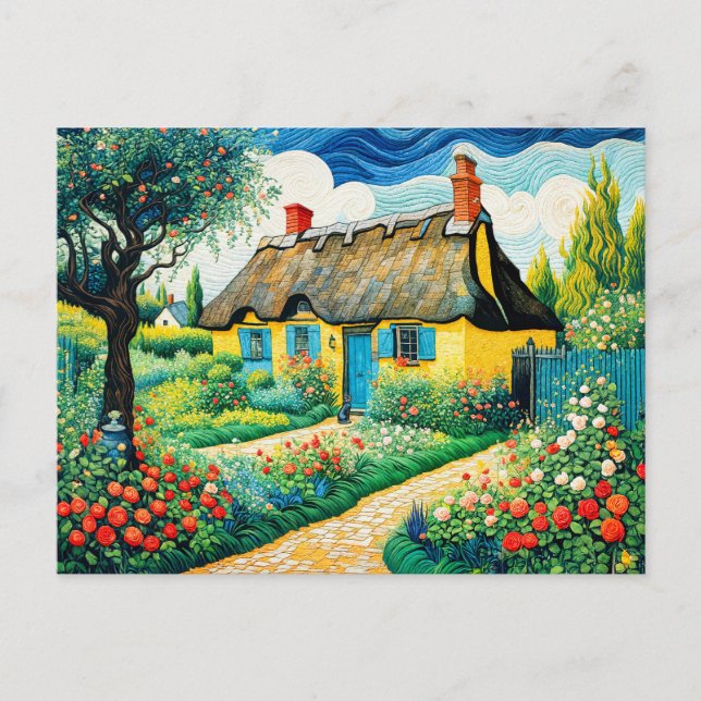 Postal Festiva Atractiva casa de campo con techo de paja y exuber (Anverso)