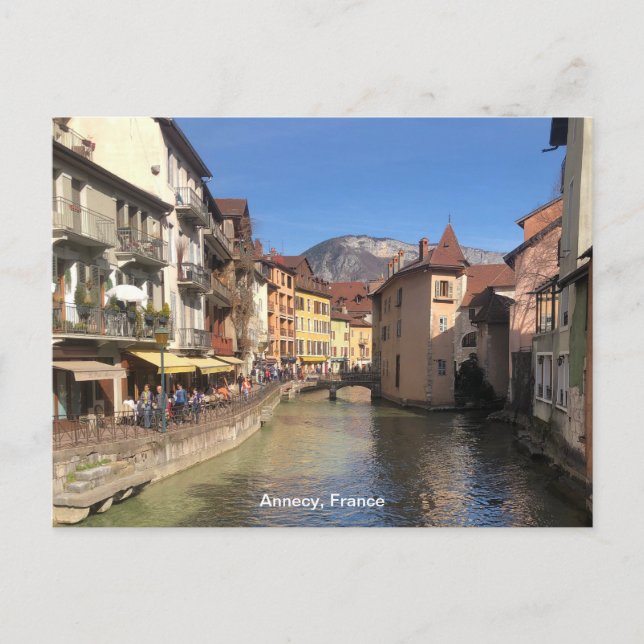 Postal Festiva Atractiva vista del río de Annecy, Francia en una (Anverso)